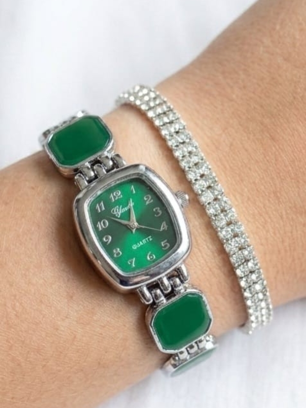 Green Enamel Silver-Tone Women's Quartz Watch by